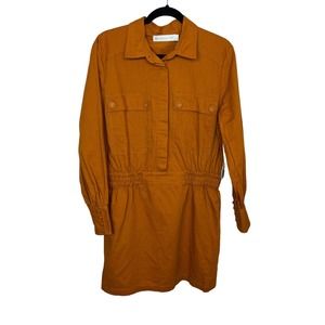 NEW Happy X Nature Utility Linen Dress L Womens Kate Hudson Long Sleeve Pockets